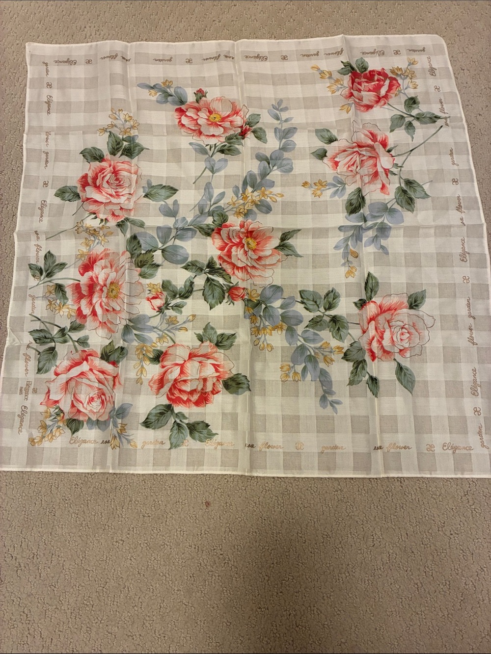 Elégance Paris Vintage Rose Floral Gingham Cotton Handkerchief Pocket Scarf👝